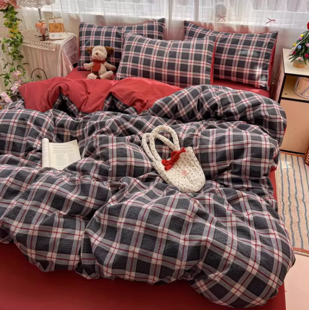 Bộ chăn ga cotton đũi caro vintage